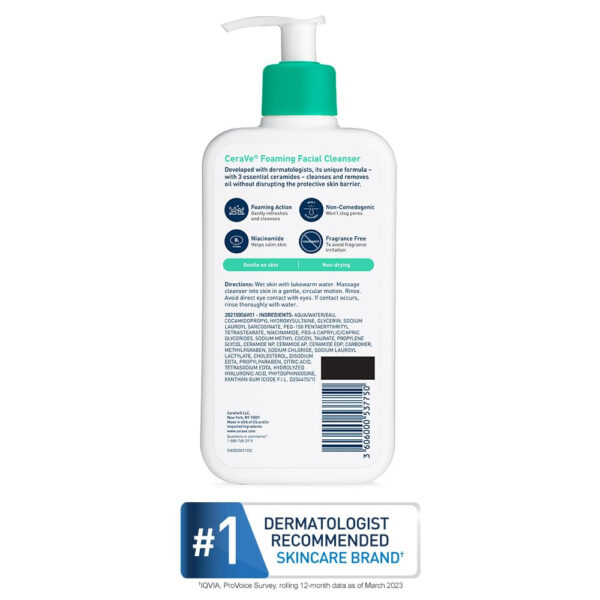 CeraVe Foaming Facial Cleanser, Daily Face Wash for Oily Skin, Hyaluronic Acid + Ceramides + Niacinamide, Fragrance Free & Paraben Free, Non-Drying Oil Control Face Wash, 19 Fluid Ounce