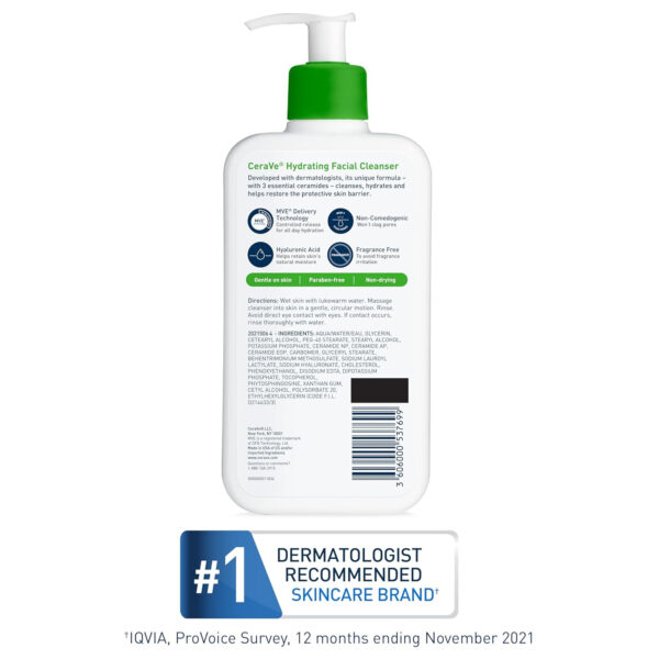 CeraVe Hydrating Facial Cleanser, Moisturizing Face Wash For Dry Skin, Hyaluronic Acid + Ceramides + Glycerin, Hydrating Cleanser For Normal To Dry Skin, National Eczema Association Certified