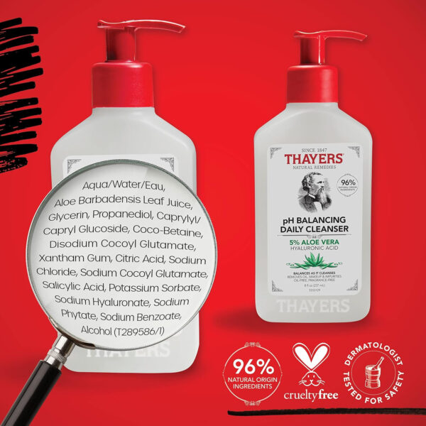 THAYERS pH Balancing Daily Cleanser, Face Wash with Aloe Vera, Gentle and Hydrating Skin Care for Dry, Oily, or Acne Prone Skin, 8 FL Oz.