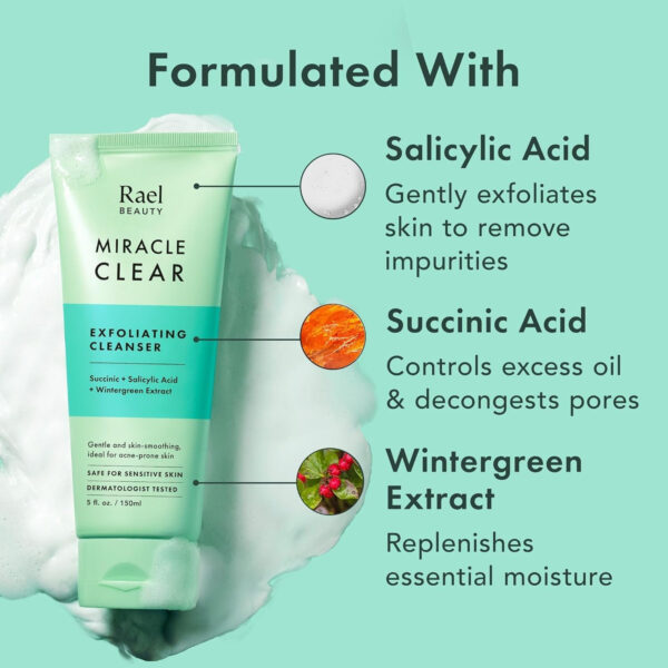 68930eae8ae1e70f4c91f2da893f4f3599a137bf1b709dc23a33e.jpg Rael Miracle Clear Face Wash – Gentle Exfoliating Cleanser with Succinic Acid & Minerals, Hydrating Formula for Daily Use, Ideal for Acne-Prone, Dry, Sensitive & Oily Skin, Vegan (5 fl oz)
