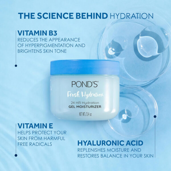 6893100c46a7d60842fc2ee405dc4ba059404365023653d51c9b1.jpg POND'S Hyaluronic Acid, Vitamin E & B3 Gel Face Moisturizer For 24 hour Hydration and Luminous Skin, 3.4 oz