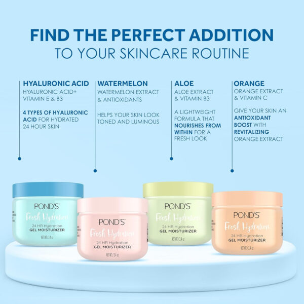 6893100f582b8563746f79d47fb5fe8ecf93674e7b9f82fcc4048.jpg POND'S Hyaluronic Acid, Vitamin E & B3 Gel Face Moisturizer For 24 hour Hydration and Luminous Skin, 3.4 oz