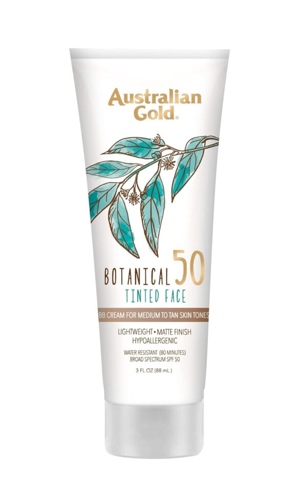 689312d580e4abbad23941e3f76929c1e0e65d5765ced7561754b.jpg Australian Gold Botanical SPF 50 Tinted Mineral Sunscreen for Face, Non-Chemical BB Cream, Water-Resistant, Matte Finish, For Sensitive Facial Skin, Medium to Tan Skin Tones, 3 FL Oz