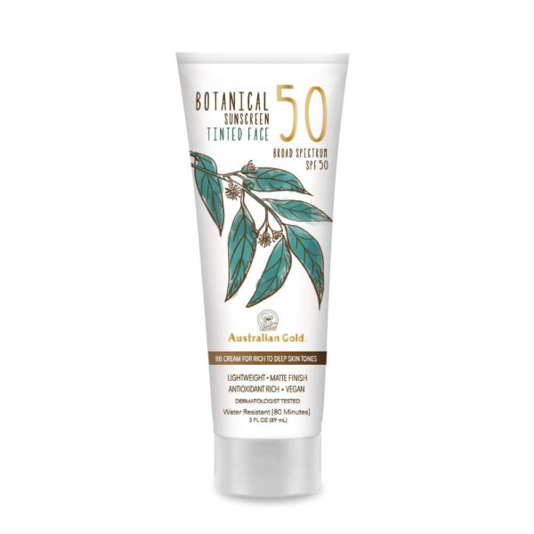 689312e44ce1d0b261a43114e05c76f7310ec7beffbf1bbc48df0.jpg Australian Gold Botanical SPF 50 Tinted Mineral Sunscreen for Face, Non-Chemical BB Cream, Water-Resistant, Matte Finish, For Sensitive Facial Skin, Medium to Tan Skin Tones, 3 FL Oz