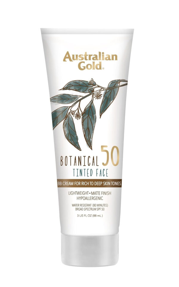 689312e4e5bb64e0e873a38973f719020fa6f5329e8f9f08a5091.jpg Australian Gold Botanical SPF 50 Tinted Mineral Sunscreen for Face, Non-Chemical BB Cream, Water-Resistant, Matte Finish, For Sensitive Facial Skin, Medium to Tan Skin Tones, 3 FL Oz