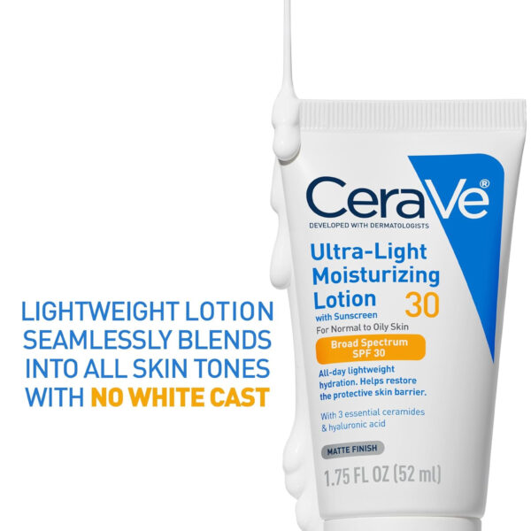 689312fd254e016bd73123f4279b358e6685df035b5181e33acaf.jpg CeraVe Ultra-Light Moisturizing Lotion With SPF 30, Daily Face Moisturizer with SPF, Formulated with Hyaluronic Acid & Ceramides, Broad Spectrum SPF, Oil Free, Matte Finish, 1.7 Ounce
