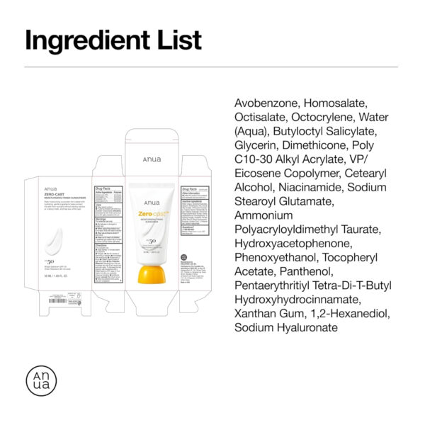 Anua Zero-Cast Moisturizing Finish Sunscreen,SPF 50, Glow Natural Sunscreen,No White cast, Hyaluronic Acid, Niacinamide sun block for face,Oil-Free, Oxybenzone free, Travel Essential (50ml/1.69fl.oz)