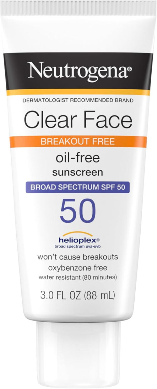 Neutrogena Clear Face Sunscreen Lotion for Acne-Prone Skin, Broad Spectrum SPF 50 Facial Sunscreen for Oily Skin, Oil-, Fragrance- & Oxybenzone-Free Water Resistant Sunscreen, 3 fl. oz