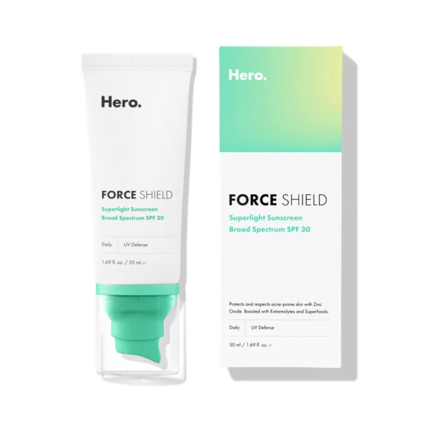 6893145b5f3e59bc690e86d36b7d68a8d1d303e106abe3228dec2.jpg Hero Cosmetics Force Shield Superlight Sunscreen SPF 30 - Everyday SPF 30 for Acne-Prone Skin with Zinc Oxide, Green Surge, and Extremolytes - Fragrance Free and Reef Safe (50 ml)