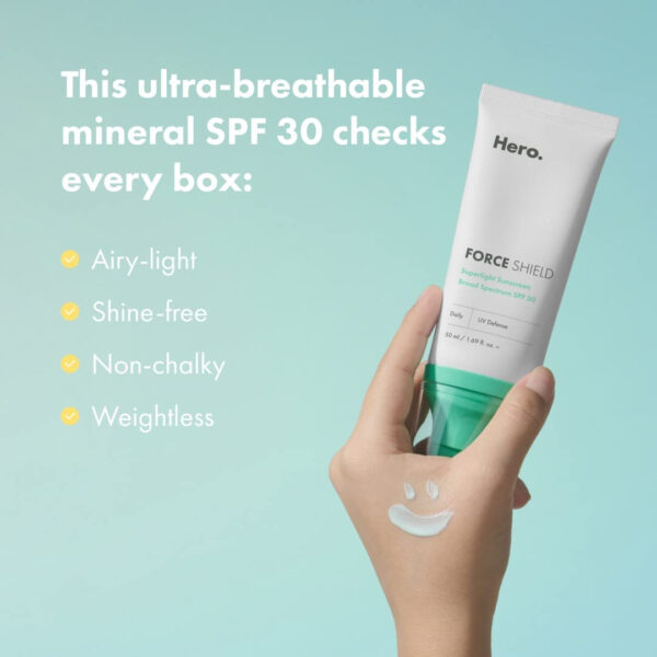 6893145cdbfdf60c46cfdb35861c81c4e241ee639d2256074947b.jpg Hero Cosmetics Force Shield Superlight Sunscreen SPF 30 - Everyday SPF 30 for Acne-Prone Skin with Zinc Oxide, Green Surge, and Extremolytes - Fragrance Free and Reef Safe (50 ml)