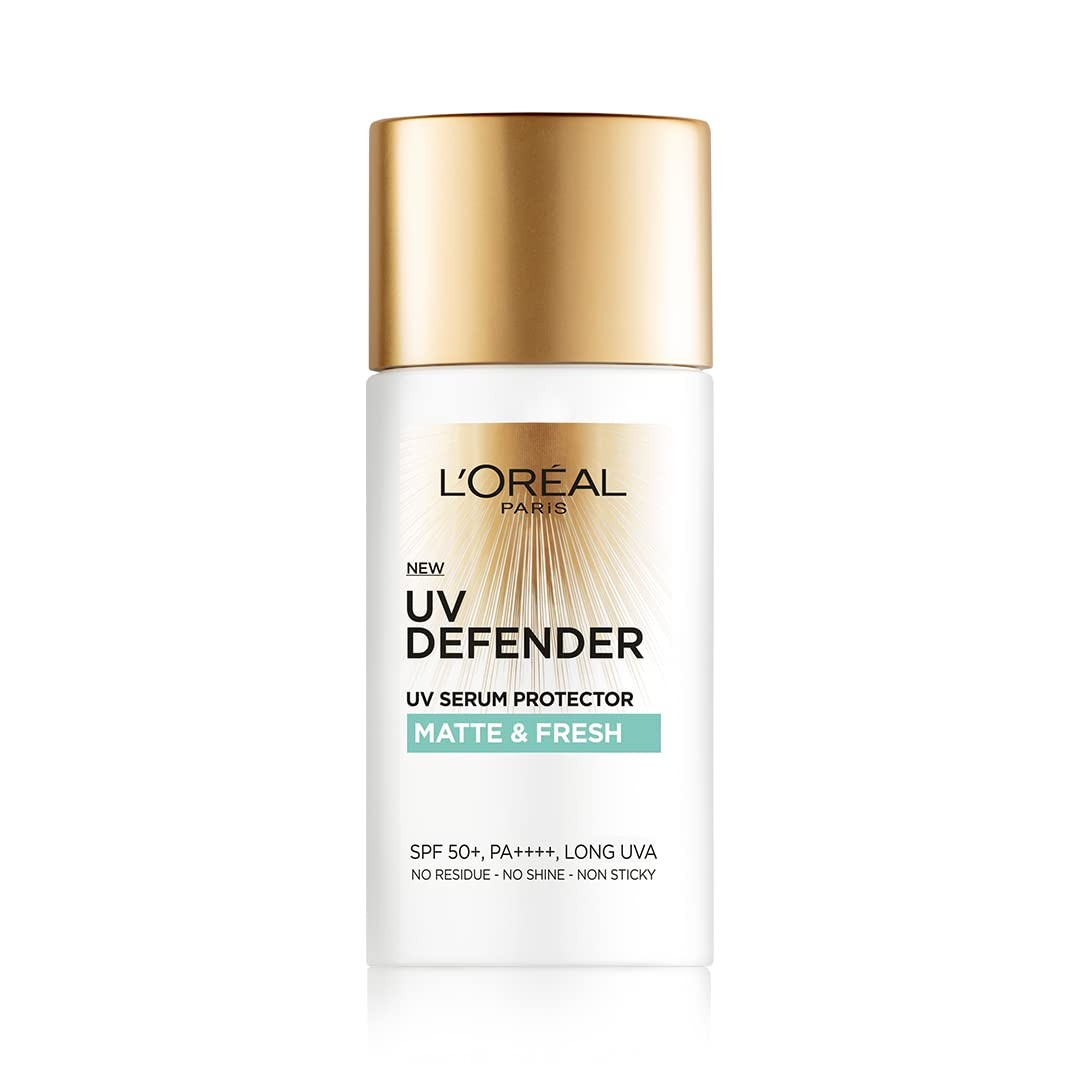 L’Oréal Paris Sunscreen, Lightweight Matte Sunscreen For Oily Skin, UVA & UVB Protection, With SPF 50 PA+++, Matte & Fresh, UV Defender Serum Protector, 50 ml