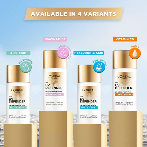 L’Oréal Paris Sunscreen, Lightweight Matte Sunscreen For Oily Skin, UVA & UVB Protection, With SPF 50 PA+++, Matte & Fresh, UV Defender Serum Protector, 50 ml