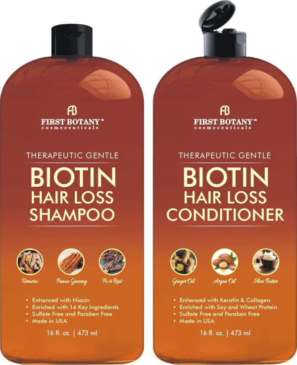 First Botany, Biotin Hair Growth Shampoo Conditioner Anti Hair Loss Thickening formula Collagen & Stem Cell For Hair Regrowth Anti Thinning Sulfate Free For Men Women Anti Dandruff Treatment 16 oz x2