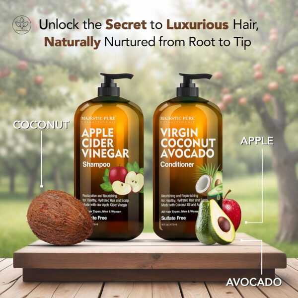 MAJESTIC PURE Apple Cider Vinegar Shampoo and Avocado Coconut Conditioner Set - Restores Shine & Reduces Itchy Scalp, Dandruff & Frizz - Sulfate Free, for All Hair Types, Men and Women - 2 x 16 fl oz