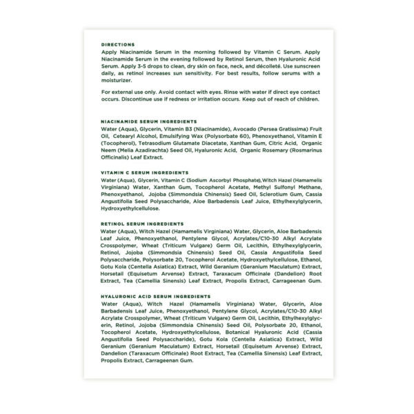 Tree of Life Beauty Facial Skin Care Set, Brightening, Firming, Hydrating, Dry Face, Dermatologist Tested - Niacinamide + Vitamin C + Retinol + Hyaluronic Acid Serum - 4 count of 1 Fl Oz