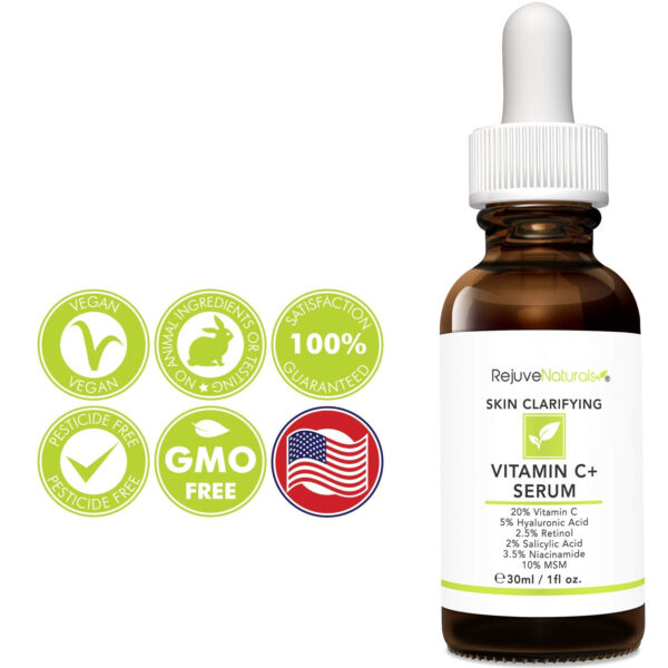 68931f7d96c920691ccc0dfd1f1eb352398266ff6d05cbabda7a4.jpg Vitamin C Serum Plus 5% Hyaluronic Acid, 2.5% Retinol, 2% Salicylic Acid, 3.5% Niacinamide, 10% MSM, 20% Vitamin C - Anti Aging Anti Wrinkle Skin Clearing Serum Organic Skin Care for Face and Eyes 1oz