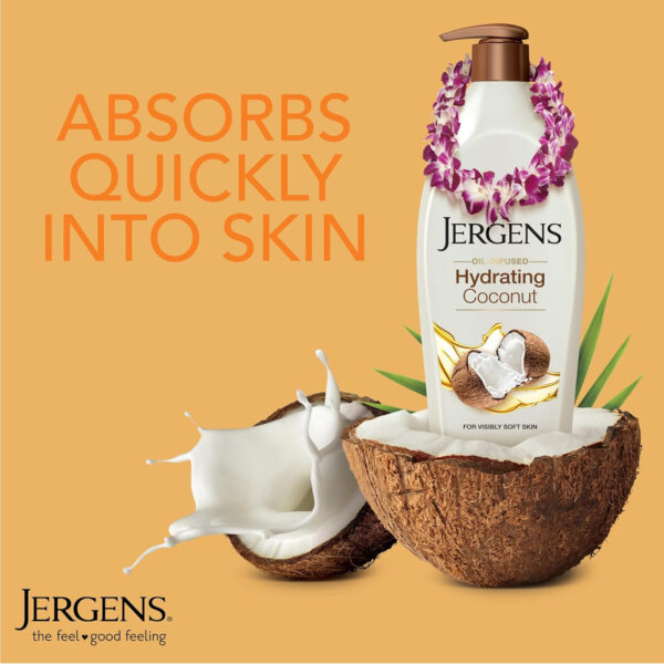 Jergens Hydrating Coconut Body Lotion, Hand and Body Moisturizer, Infused with Coconut Oil, Hydrates Dry Skin Instantly, Dermatologist Tested, 16.8 oz