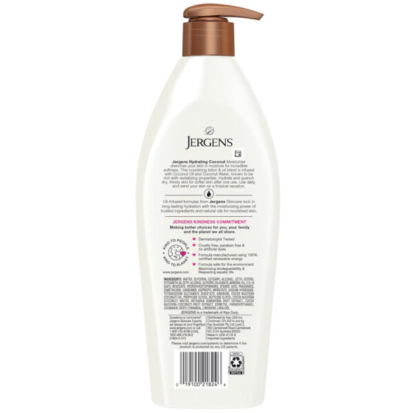 Jergens Hydrating Coconut Body Lotion, Hand and Body Moisturizer, Infused with Coconut Oil, Hydrates Dry Skin Instantly, Dermatologist Tested, 16.8 oz