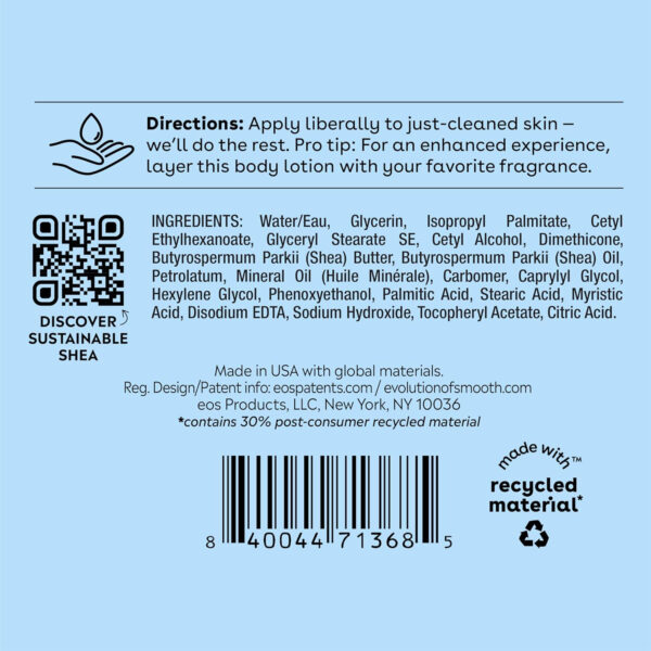 eos Shea Better Body Lotion Vanilla Cashmere, 24-Hour Moisture Skin Care, Lightweight & Non-Greasy, Natural Shea, Vegan, Vanilla Body Lotion, 16 fl oz