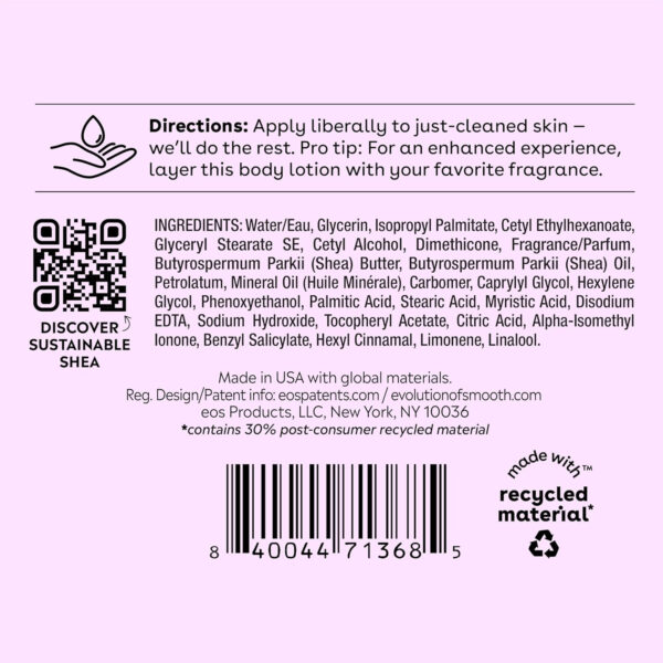 eos Shea Better Body Lotion Vanilla Cashmere, 24-Hour Moisture Skin Care, Lightweight & Non-Greasy, Natural Shea, Vegan, Vanilla Body Lotion, 16 fl oz