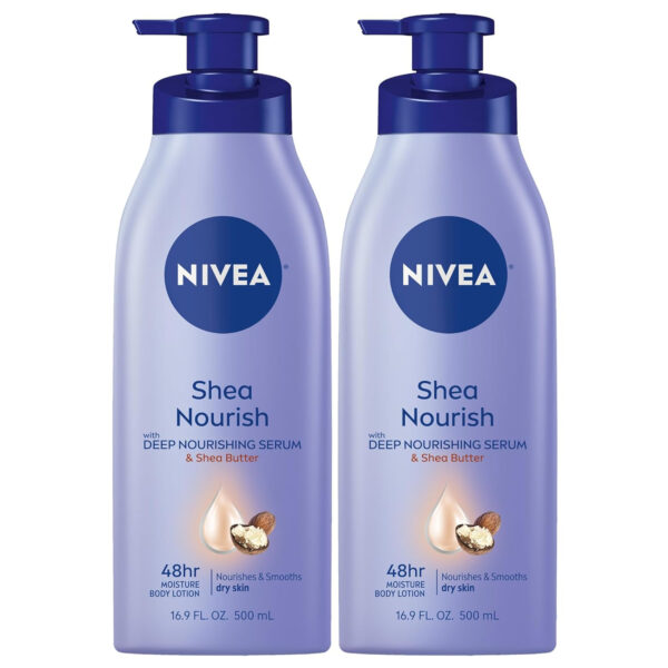 NIVEA Shea Nourish Body Lotion for Dry Skin with Hyaluronic Acid, Shea Butter and Deep Nourishing Serum, 48-Hour Body Moisturizer, 16.9 Fl Oz Pump Bottle