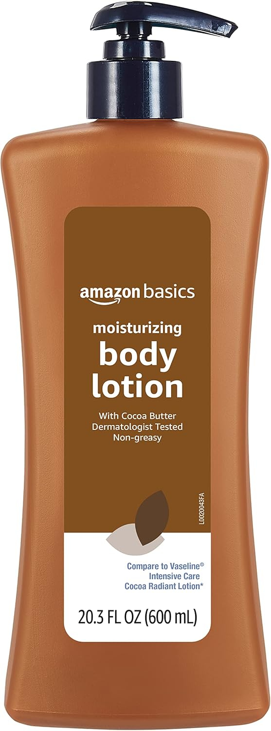 689323a0982334b752baf3e6dcb205fa82d2f5d01aebbce51c75b.jpg Amazon Basics Moisturizing Cocoa Butter Body Lotion for Dry Skin, Non-Greasy, Paraben Free, Lightly Scented, 20.3 Fl Oz, Pack of 1