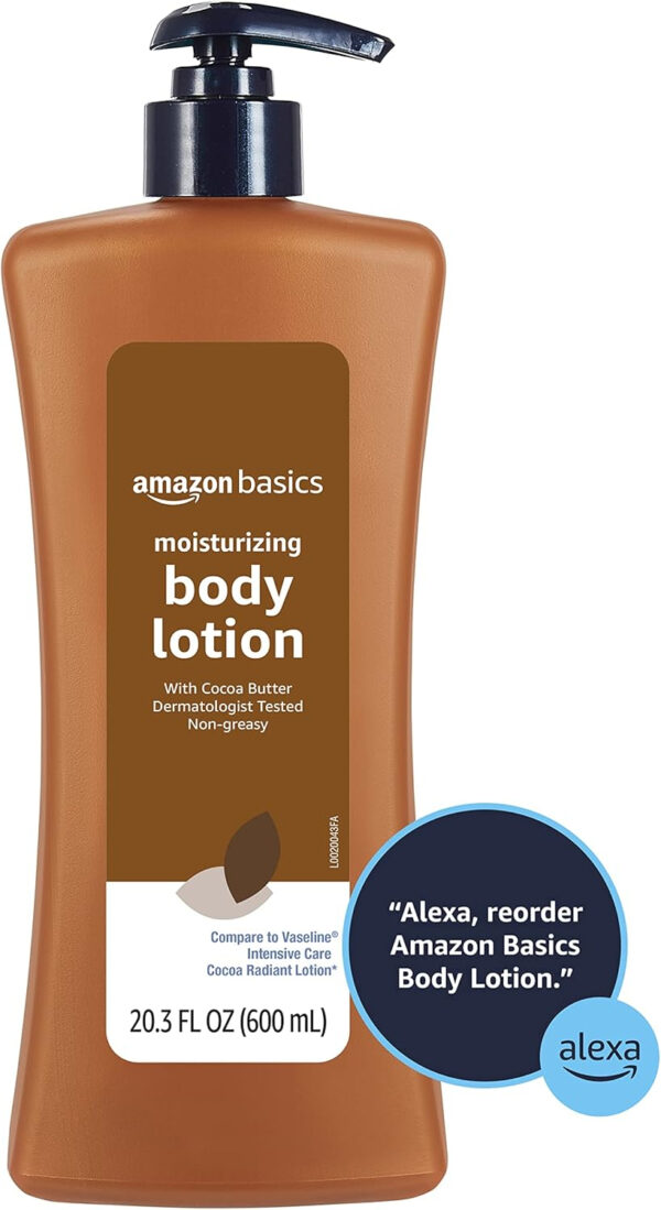 689323a22a1bd032f580ca068a0b1593dfa0b0830a868fe671896.jpg Amazon Basics Moisturizing Cocoa Butter Body Lotion for Dry Skin, Non-Greasy, Paraben Free, Lightly Scented, 20.3 Fl Oz, Pack of 1