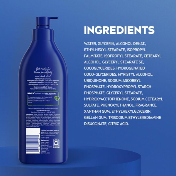 NIVEA Nourishing Hydration Skin Firming Body Lotion with Q10 and Vitamin C, 72-Hour Body Moisturizer for Dry to Very Dry Skin, 16.9 Fl Oz Pump Bottle