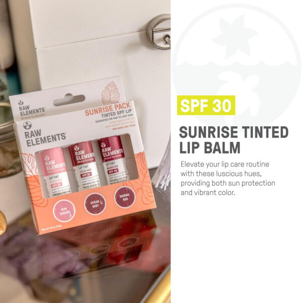 Raw Elements Tinted Lip Sun Kissed, Ocean Mist, Magma Red SPF 30 .15 oz Sunrise Pack