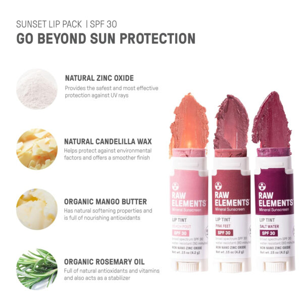Raw Elements Tinted Lip Sun Kissed, Ocean Mist, Magma Red SPF 30 .15 oz Sunrise Pack