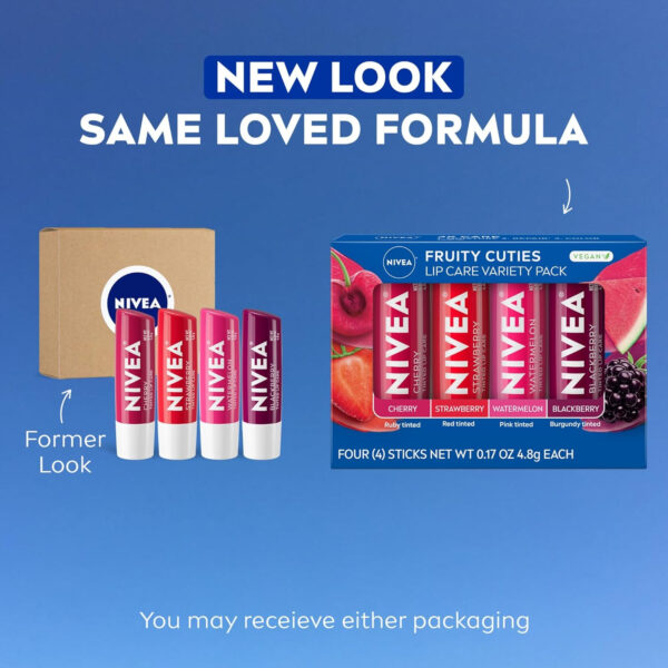689328860cef2b95cfe33f1dccb14bfb31bb088e29ee279365971.jpg NIVEA Lip Care, Fruity Tinted Lip Balm Variety Pack, Cherry, Strawberry, Blackberry and Watermelon Flavors, 3-in-1 Moisture, Repair and Color, 0.17 Oz Stick, Pack of 4