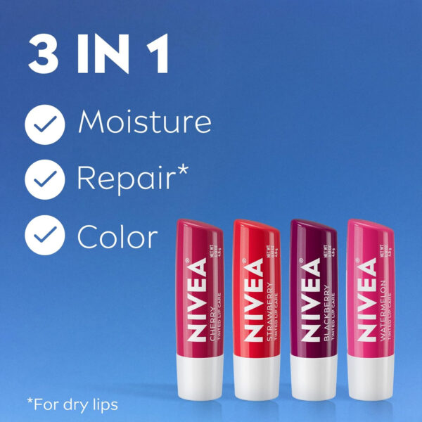 68932887047646005bf2b19d797600e65575d1c71d0597bb2a8c1.jpg NIVEA Lip Care, Fruity Tinted Lip Balm Variety Pack, Cherry, Strawberry, Blackberry and Watermelon Flavors, 3-in-1 Moisture, Repair and Color, 0.17 Oz Stick, Pack of 4