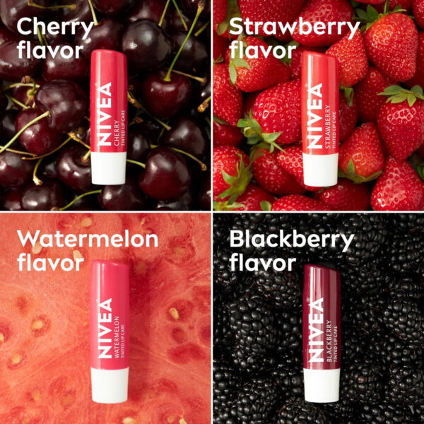 68932888ca1ec6e012ed198992d3af5c9940b4a6d8ab9f0cf8f05.jpg NIVEA Lip Care, Fruity Tinted Lip Balm Variety Pack, Cherry, Strawberry, Blackberry and Watermelon Flavors, 3-in-1 Moisture, Repair and Color, 0.17 Oz Stick, Pack of 4