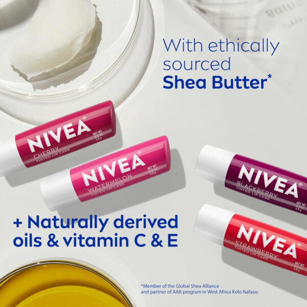 6893288ba7043e927b9b76f31543b0a7138076e6d3e9621f70f79.jpg NIVEA Lip Care, Fruity Tinted Lip Balm Variety Pack, Cherry, Strawberry, Blackberry and Watermelon Flavors, 3-in-1 Moisture, Repair and Color, 0.17 Oz Stick, Pack of 4