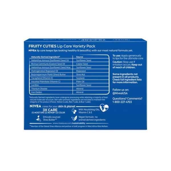 6893288fc6909f9325730bc986f522ef84050ba98336c3b8c53c8.jpg NIVEA Lip Care, Fruity Tinted Lip Balm Variety Pack, Cherry, Strawberry, Blackberry and Watermelon Flavors, 3-in-1 Moisture, Repair and Color, 0.17 Oz Stick, Pack of 4