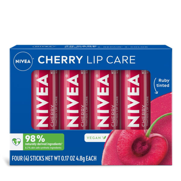 6893289285e88683d3d4865d6d63802fa2c8d82cfe39352d2dfe9.jpg NIVEA Lip Care, Fruity Tinted Lip Balm Variety Pack, Cherry, Strawberry, Blackberry and Watermelon Flavors, 3-in-1 Moisture, Repair and Color, 0.17 Oz Stick, Pack of 4