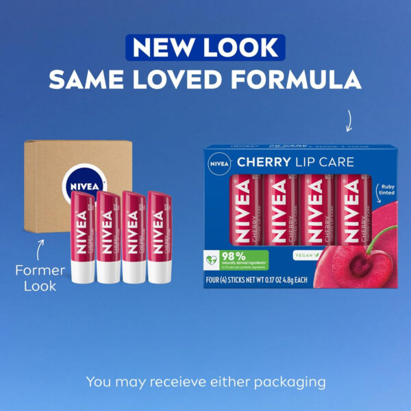68932893805ac5f5d622e6a6fcf3adee150652b43e2ee181d28c9.jpg NIVEA Lip Care, Fruity Tinted Lip Balm Variety Pack, Cherry, Strawberry, Blackberry and Watermelon Flavors, 3-in-1 Moisture, Repair and Color, 0.17 Oz Stick, Pack of 4