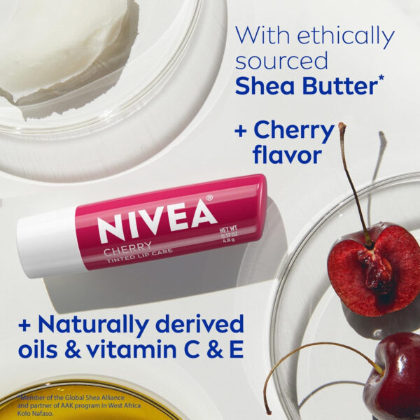 6893289908a9e93bb08595374d6756ec86a6ce709993079941c24.jpg NIVEA Lip Care, Fruity Tinted Lip Balm Variety Pack, Cherry, Strawberry, Blackberry and Watermelon Flavors, 3-in-1 Moisture, Repair and Color, 0.17 Oz Stick, Pack of 4