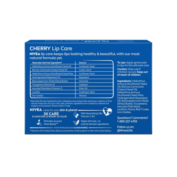 6893289e7ba6d751ebc565218f5fbbedc52de09193221304610b1.jpg NIVEA Lip Care, Fruity Tinted Lip Balm Variety Pack, Cherry, Strawberry, Blackberry and Watermelon Flavors, 3-in-1 Moisture, Repair and Color, 0.17 Oz Stick, Pack of 4