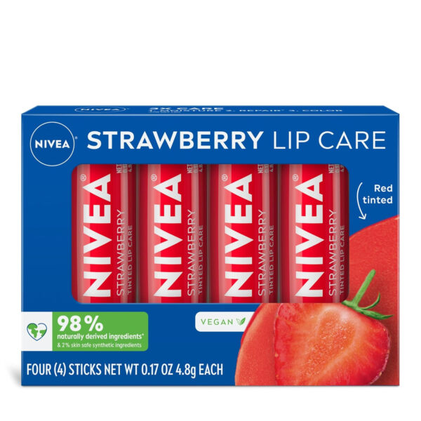 6893289f7516e4b1007a0b9b4423d68938e22012510a6a32e1bab.jpg NIVEA Lip Care, Fruity Tinted Lip Balm Variety Pack, Cherry, Strawberry, Blackberry and Watermelon Flavors, 3-in-1 Moisture, Repair and Color, 0.17 Oz Stick, Pack of 4