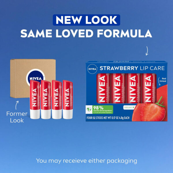 689328a0689acbce859bf2100ad55f2e3c463e2ea11e24cdab5ed.jpg NIVEA Lip Care, Fruity Tinted Lip Balm Variety Pack, Cherry, Strawberry, Blackberry and Watermelon Flavors, 3-in-1 Moisture, Repair and Color, 0.17 Oz Stick, Pack of 4