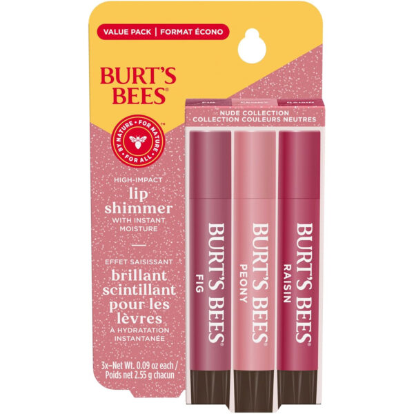 Burt's Bees Lip Shimmer Nude Collection, Tinted Lip Balm Stick, Moisturizing for All Day Hydration with Natural Glowy Pigmented Finish & Buildable Color, 3 Warm Shades Value Pack, 3 Tubes x 0.09 Oz