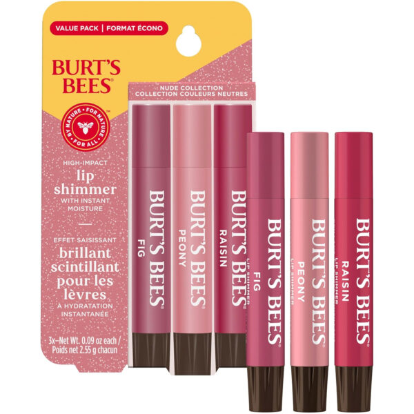Burt's Bees Lip Shimmer Nude Collection, Tinted Lip Balm Stick, Moisturizing for All Day Hydration with Natural Glowy Pigmented Finish & Buildable Color, 3 Warm Shades Value Pack, 3 Tubes x 0.09 Oz