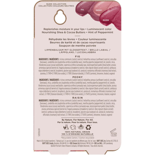 Burt's Bees Lip Shimmer Nude Collection, Tinted Lip Balm Stick, Moisturizing for All Day Hydration with Natural Glowy Pigmented Finish & Buildable Color, 3 Warm Shades Value Pack, 3 Tubes x 0.09 Oz