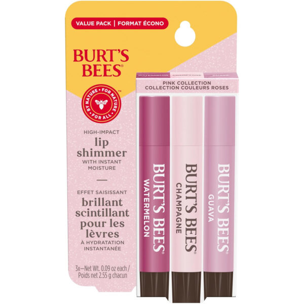 Burt's Bees Lip Shimmer Nude Collection, Tinted Lip Balm Stick, Moisturizing for All Day Hydration with Natural Glowy Pigmented Finish & Buildable Color, 3 Warm Shades Value Pack, 3 Tubes x 0.09 Oz