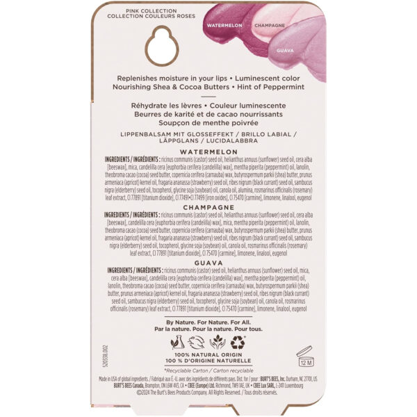 Burt's Bees Lip Shimmer Nude Collection, Tinted Lip Balm Stick, Moisturizing for All Day Hydration with Natural Glowy Pigmented Finish & Buildable Color, 3 Warm Shades Value Pack, 3 Tubes x 0.09 Oz