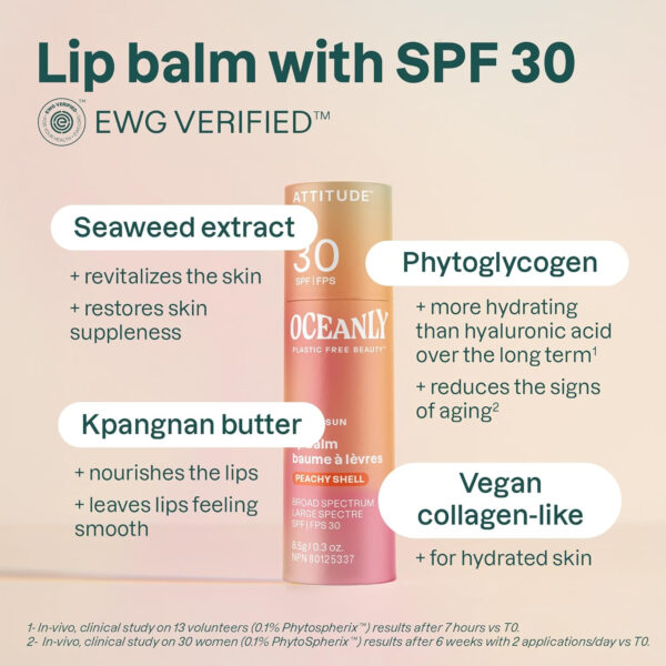 ATTITUDE Oceanly Tinted Lip Balm with SPF 30, EWG Verified, Plastic-Free, Broad Spectrum UVA/UVB Protection with Zinc Oxide, Vegan, Unscented, Baby Rose, 0.3 Ounce