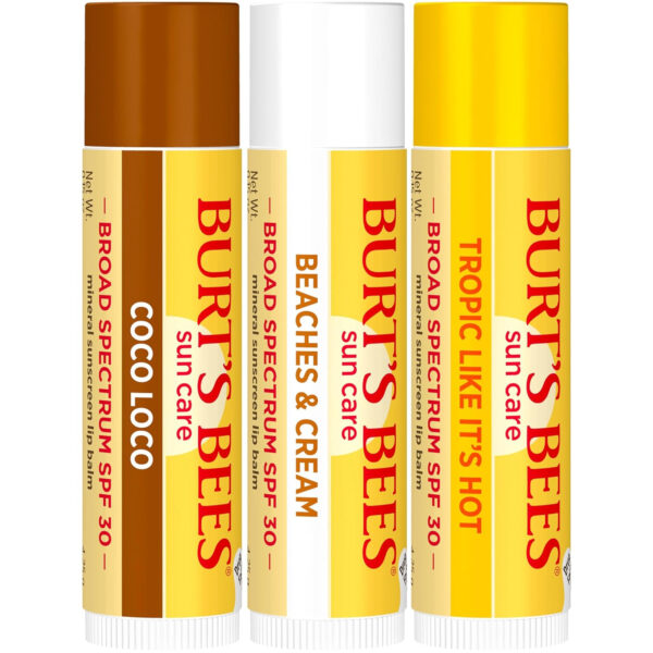 68932a73b4041cf190036aca37e30b7bd8fe687ec0ddfa261dfe7.jpg Burt’s Bees SPF 30 Lip Balm, Island Getaway - Coco Loco, Beaches & Cream, Tropic Like It's Hot, Water-Resistant Sun Care, Natural Origin Lip Treatment, 3 Tubes, 0.15 oz