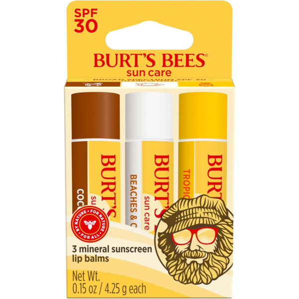 68932a74cb36e938f042ec99c8a28b7a67ad7814fefa5fdbe2550.jpg Burt’s Bees SPF 30 Lip Balm, Island Getaway - Coco Loco, Beaches & Cream, Tropic Like It's Hot, Water-Resistant Sun Care, Natural Origin Lip Treatment, 3 Tubes, 0.15 oz