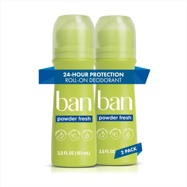 68932bb7559184f7e8db83075acc5520ee3e35638349a8905f9d6.jpg Ban Invisible Roll-on Antiperspirant Deodorant for Women and Men, 24-hour Underarm Odor & Sweat Protection, Powder Fresh, 3.5 Oz, Pack of 2